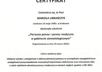 Certyfikat Dr Mariola Urbańczyk