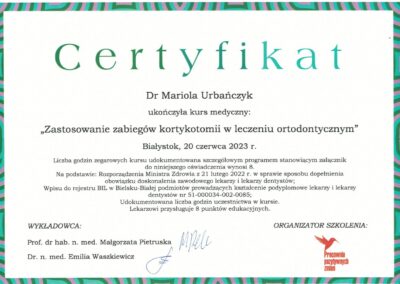 Certyfikat Dr Mariola Urbańczyk