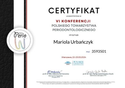 Certyfikat Dr Mariola Urbańczyk