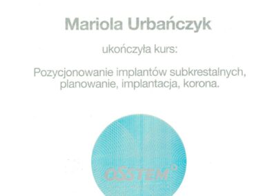 Certyfikat Dr Mariola Urbańczyk