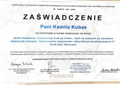 Certyfikat - Dr Kamila Kubas
