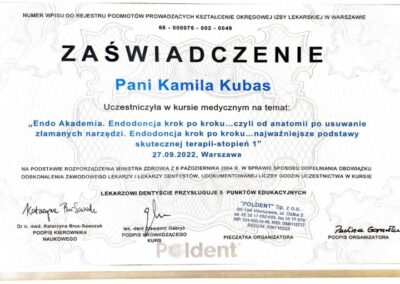 Certyfikat - Dr Kamila Kubas
