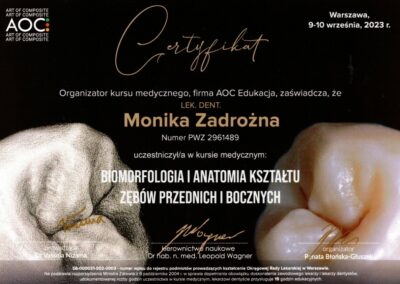Certyfikat dr Monika Zadrożna