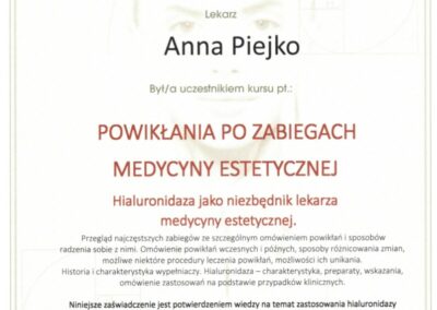 Certyfikat ze szkolenia Dr Piejko