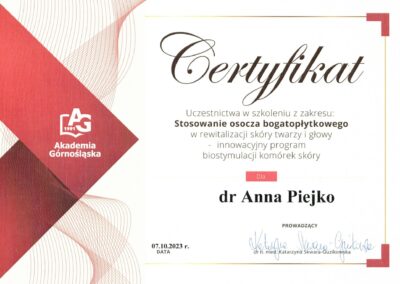 Certyfikat ze szkolenia Dr Piejko