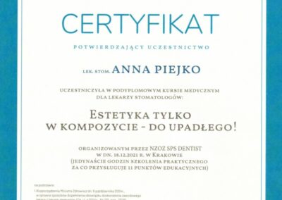 Certyfikat ze szkolenia Dr Piejko