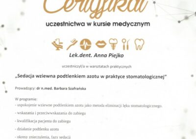 Certyfikat ze szkolenia Dr Piejko