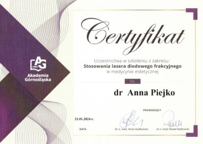 Certyfikat ze szkolenia Dr Piejko