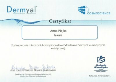 Certyfikat ze szkolenia Dr Piejko