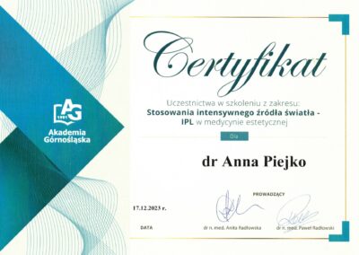 Certyfikat ze szkolenia Dr Piejko